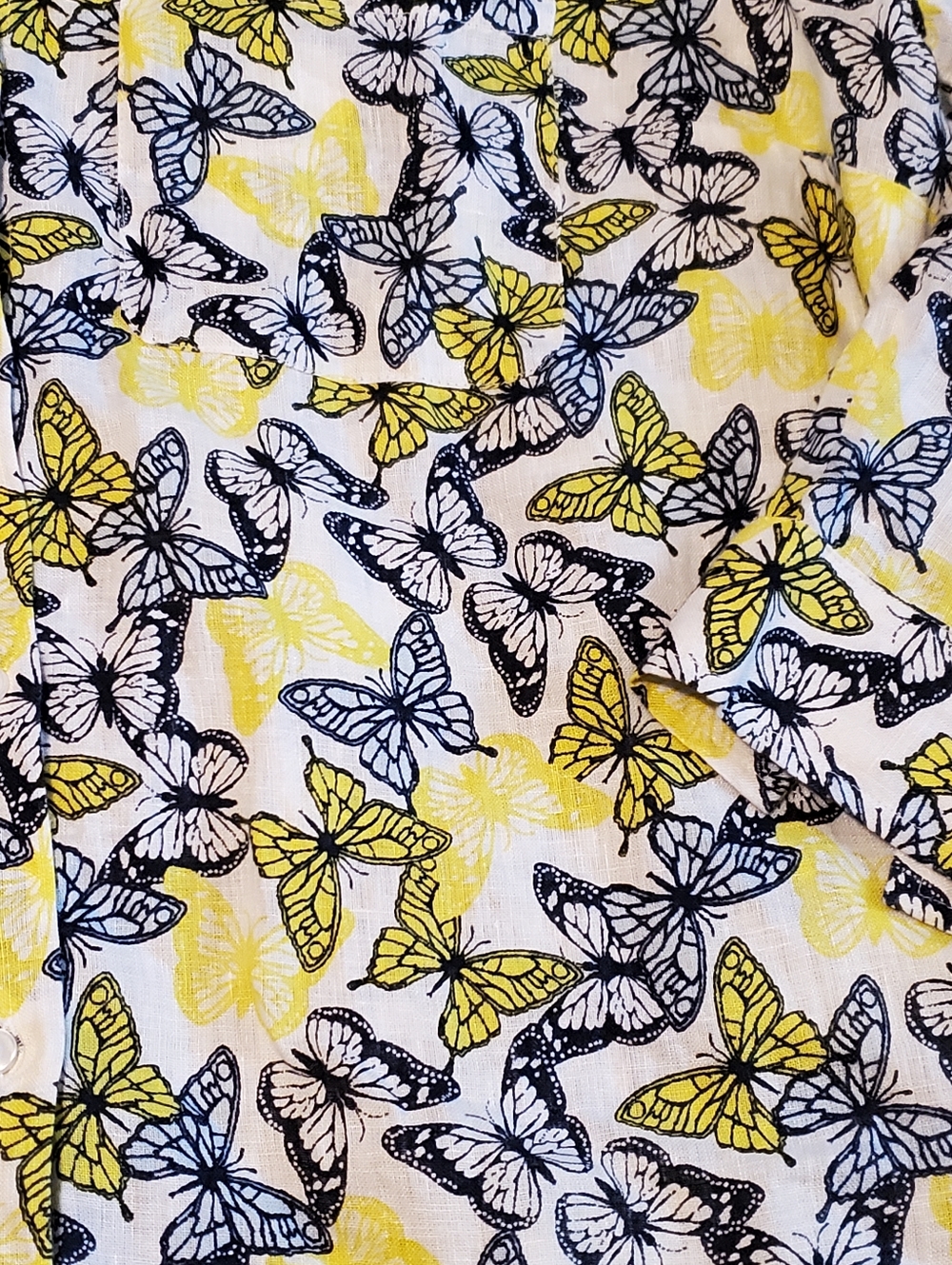 Charter Club Linen Luxury Shirt Large Button Up Blue Yellow Butterflies - Picture 2 of 6